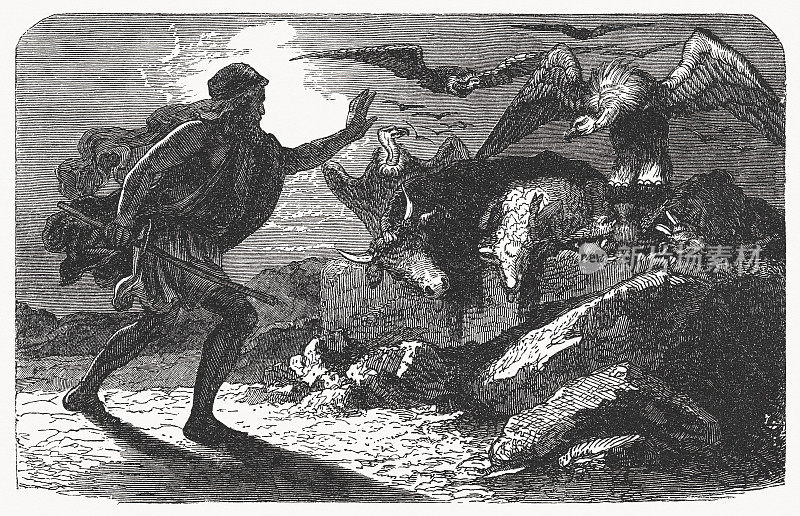 亚伯拉罕赶走猛禽，木刻，1862年出版