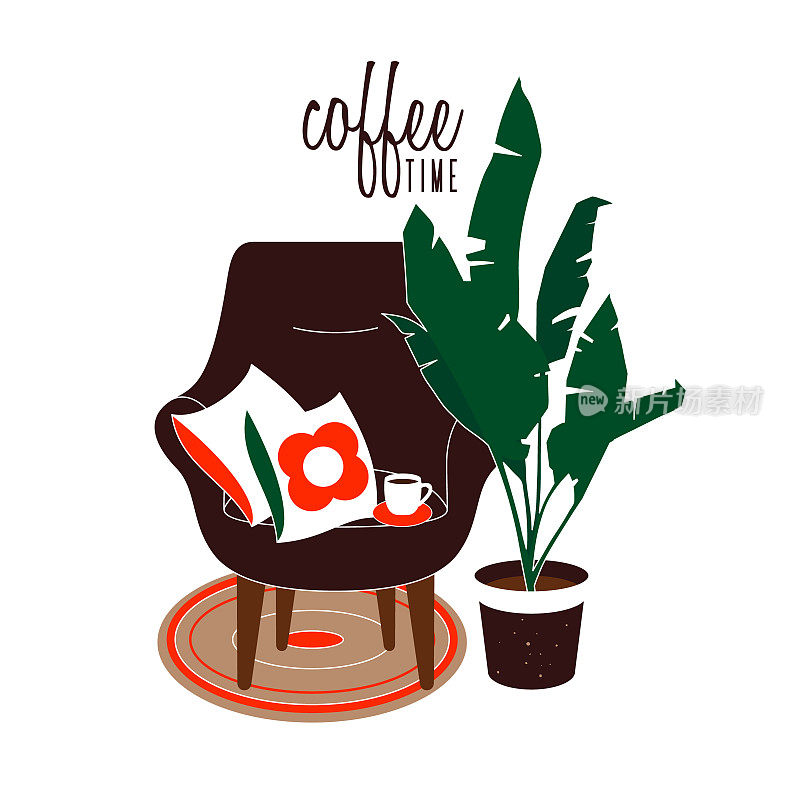 插图与舒适的客厅在复古风格。带靠垫的扶手椅和一杯咖啡，花盆里的热带植物。涂鸦咖啡时间。