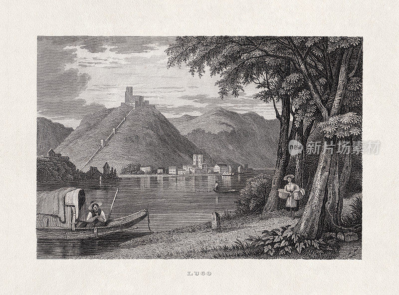 卢戈镇和湖，意大利，钢雕刻，约1845年出版