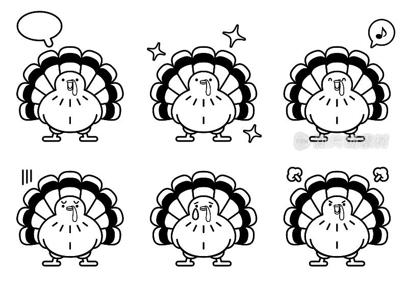 可爱的感恩节火鸡图标集，有六个黑白表情