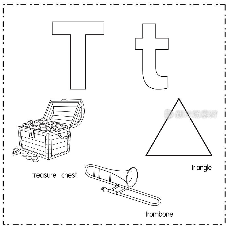 向量插图学习字母T的小写和大写的儿童与3卡通图像。宝箱长号三角。