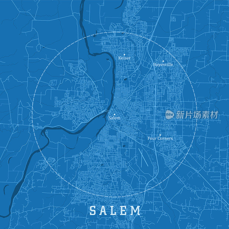 塞勒姆或城市矢量道路地图蓝色文本