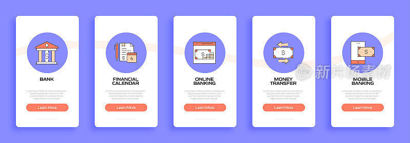 金钱概念入职手机应用程序页面屏幕与平面图标。UI设计模板矢量插图