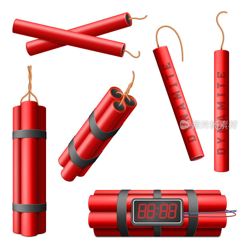 真实燃烧的炸药炸弹棒，3d爆炸红色炸弹与爆炸计时器。炸药军事武器，爆炸红色棒矢量插图设置。炸药棒