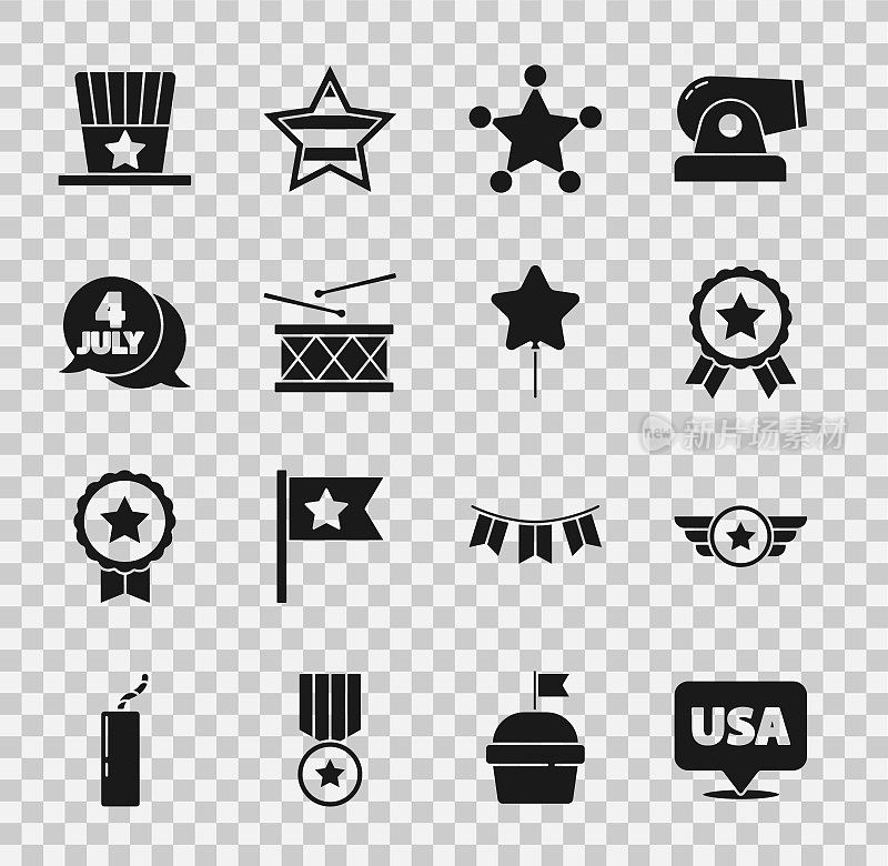 集美国独立日，明星美国军事，勋章与星，六芒星治安官，鼓和鼓棒，爱国礼帽和气球图标。向量