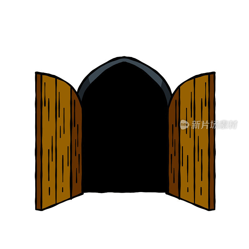 古老的城堡木门。要塞或房屋的古代入口。卡通的风景。地牢的门。有拱门和门洞的门。手绘轮廓图