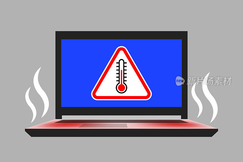 笔记本电脑，内部带有温度计图标的警告标志和热蒸汽