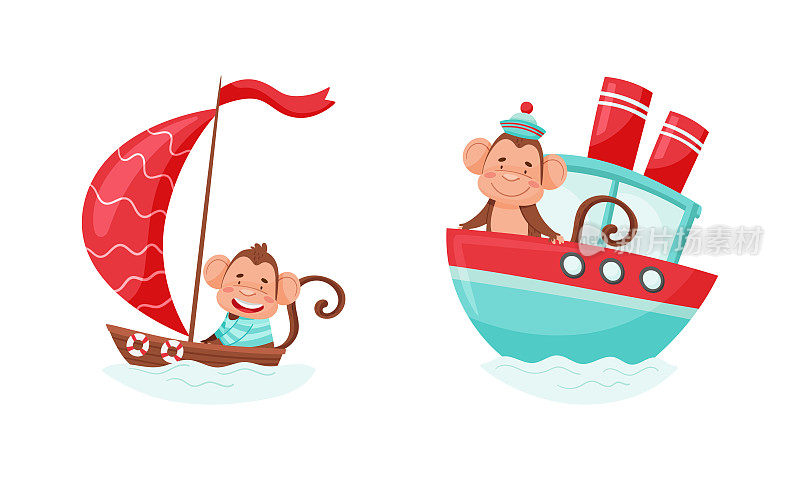 可爱的猴子角色在运输设置。有趣的丛林动物划船和航行卡通矢量插图