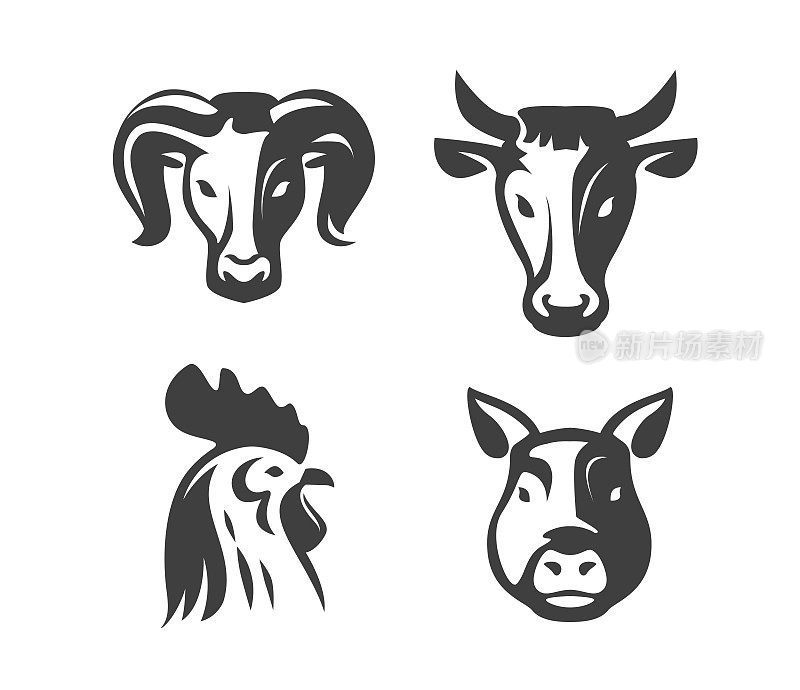 农场动物标志集。牛、猪、鸡、羊符号用于肉店设计或餐厅菜单