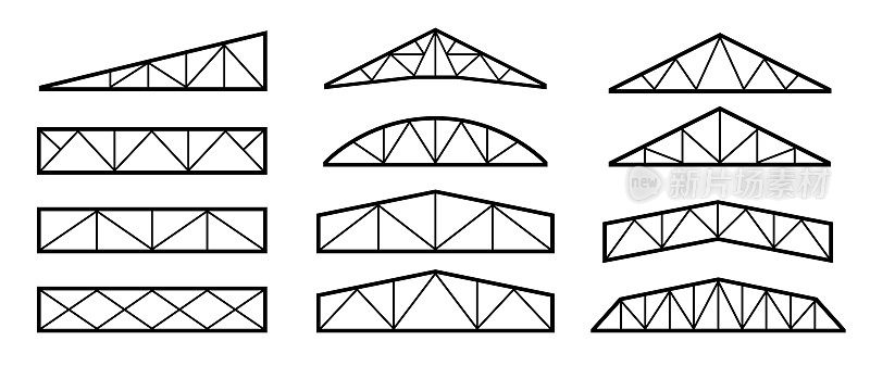 屋顶金属桁架结构。一套屋面钢框架。向量建筑蓝图。rafter的元素集合。工程教育说明