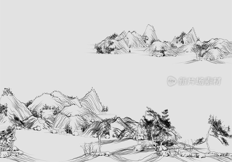 复古风格的中国山水画，黑白山水画