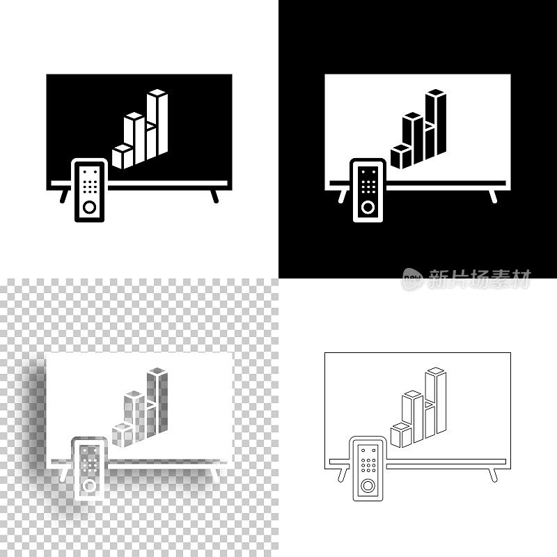 电视3D图表。图标设计。空白，白色和黑色背景-线图标