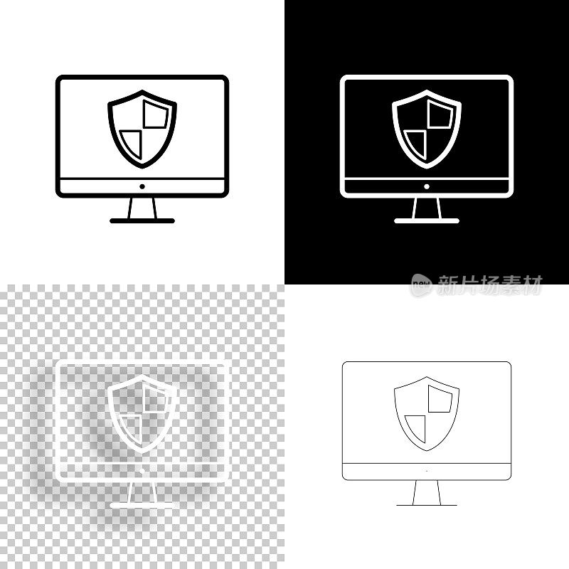 带防护罩的台式电脑。图标设计。空白，白色和黑色背景-线图标