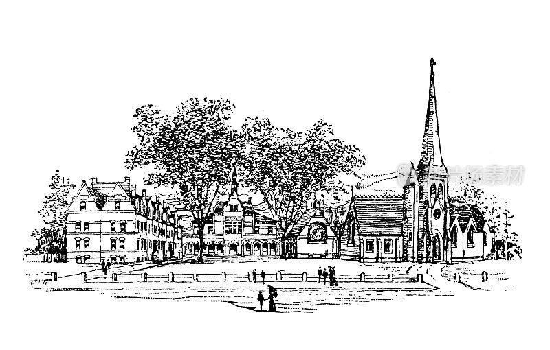美国，马萨诸塞州地标和公司的古董插图:剑桥，新教圣公会神学院