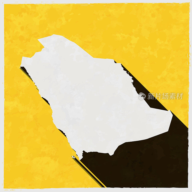 沙特阿拉伯地图与纹理黄色背景上的长阴影