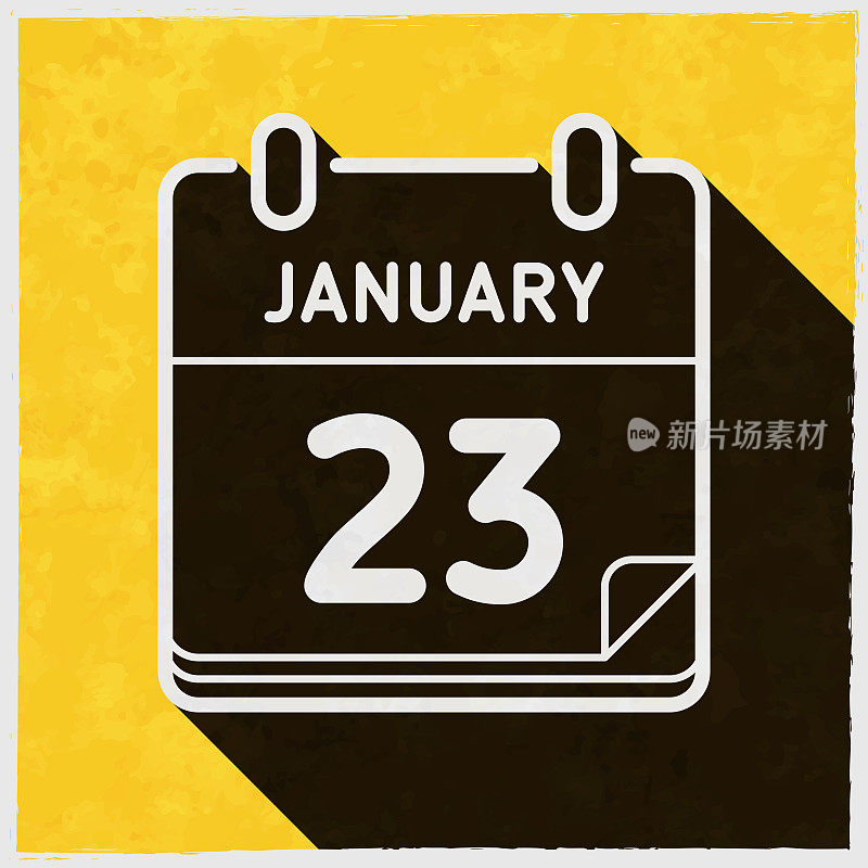 1月23日。图标与长阴影的纹理黄色背景