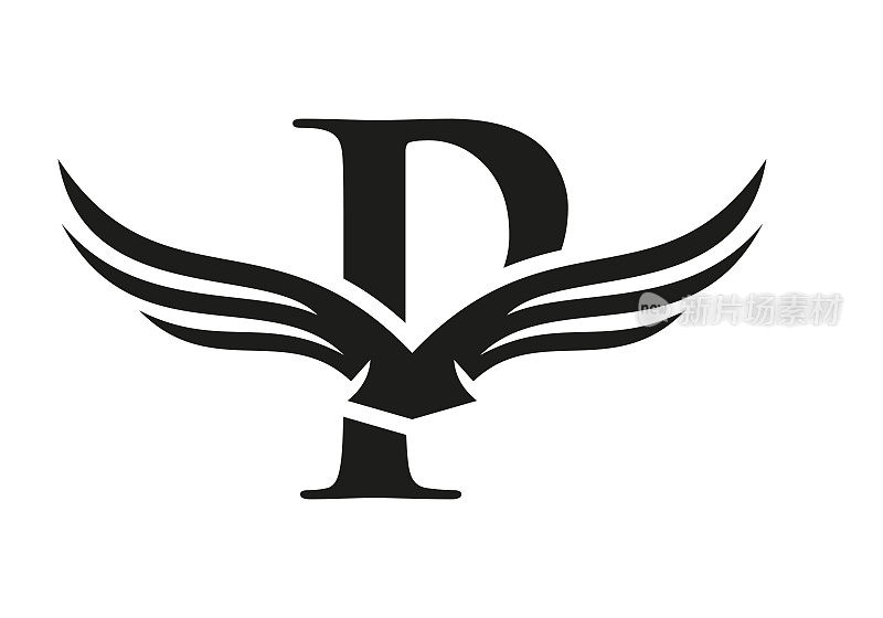 字母P翼标志设计。首飞翼P字母Logo。字母P翅膀符号概念