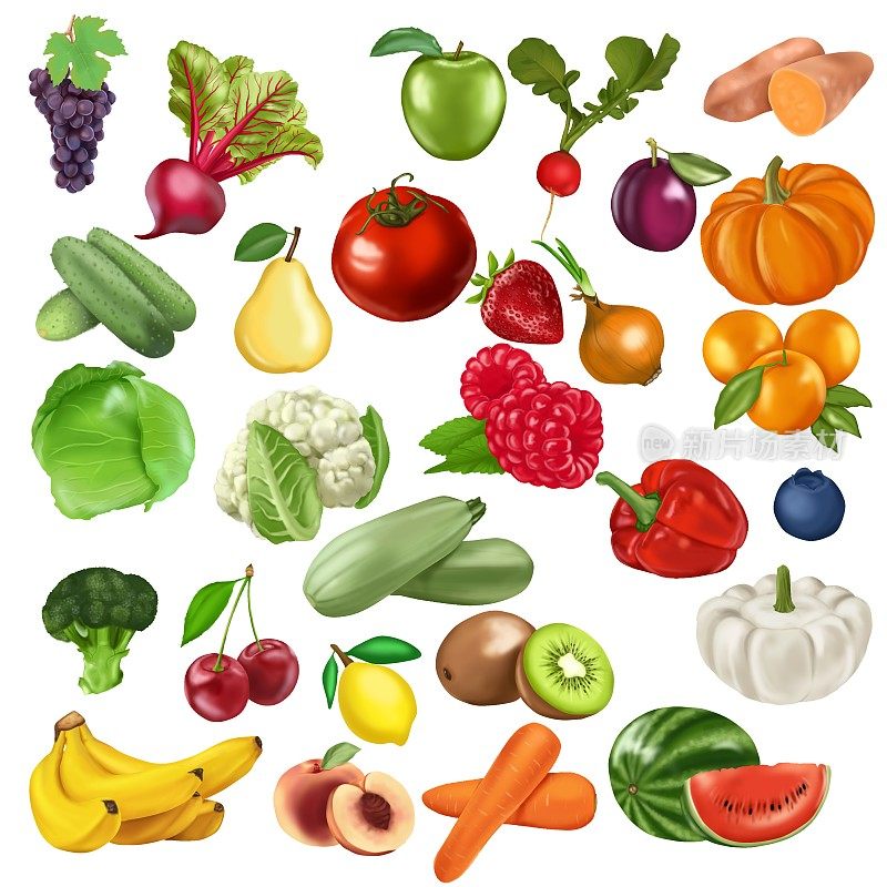 矢量图片，水果和蔬菜图标设置