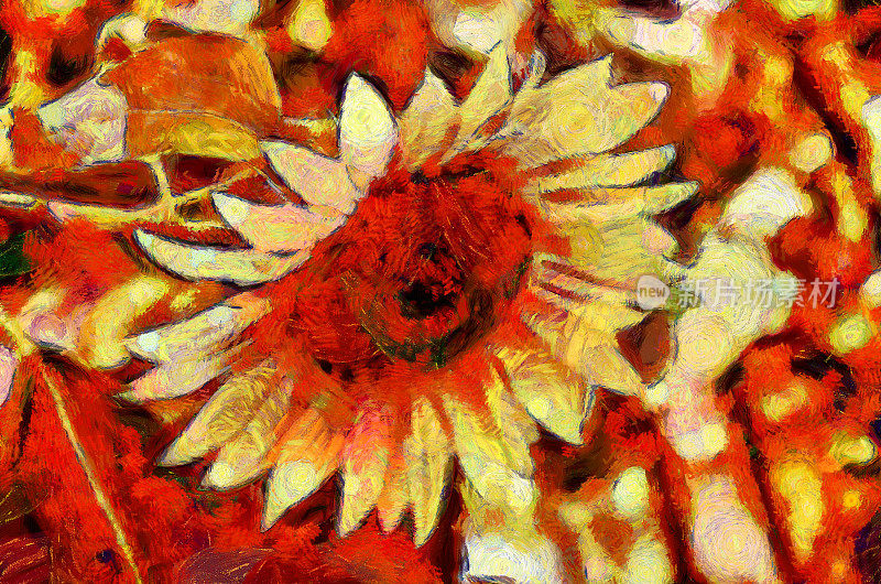 油画——盛开的向日葵。现代数字艺术，印象派手法。模仿文森特·梵高的风格