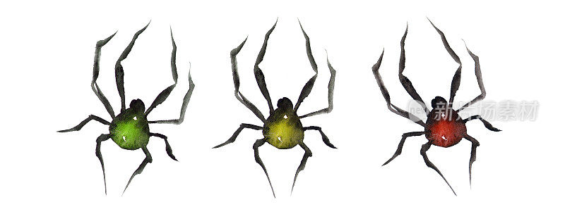 大黑色玩具水彩蜘蛛在一个白色的背景万圣节，拷贝空间，平躺