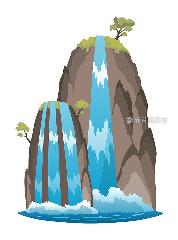 瀑布。卡通景观与岩石山和树木。河流从白底的悬崖上倾泻而下。碧水如画的旅游胜地