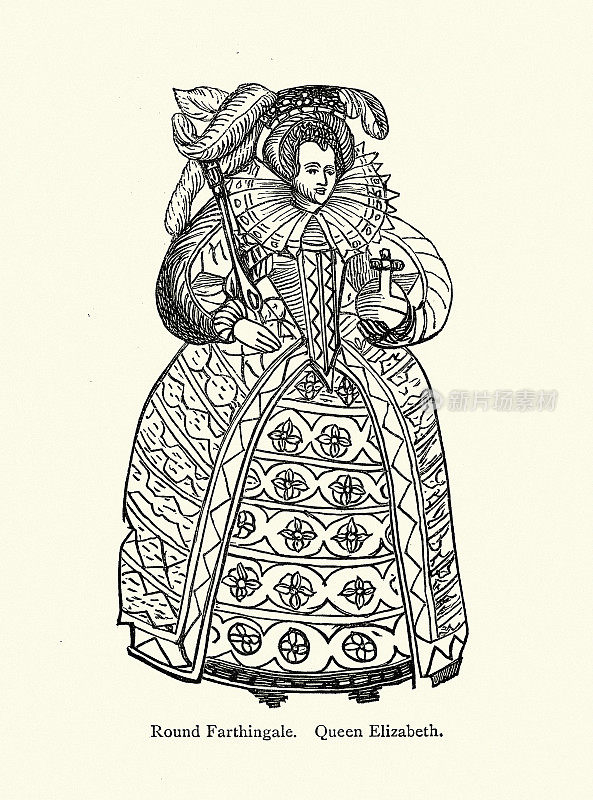 英国女王伊莉莎白一世穿着16世纪的圆形法斯廷格尔裙