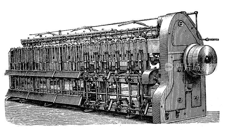 古董插画、应用机械、纺织工业:纺纱机械