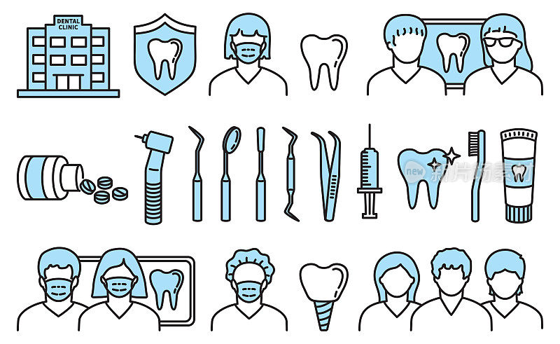 牙医。线路图标设置。医疗图标。