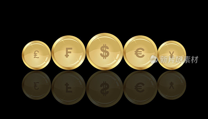金币。美元。欧元。瑞士弗兰克。日元。鱼池英镑。
