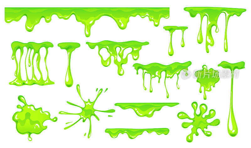 粘液滴粘液果冻绿色液体飞溅有毒抽象概念。矢量平面设计插画元素