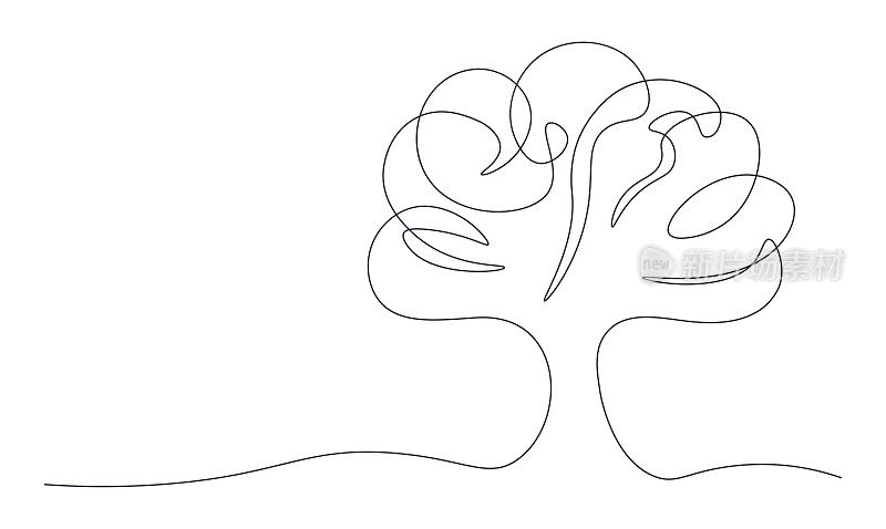树是单条连续的线。用一条线画一棵树。极简风格的线性插图。白色背景上的孤立插图。