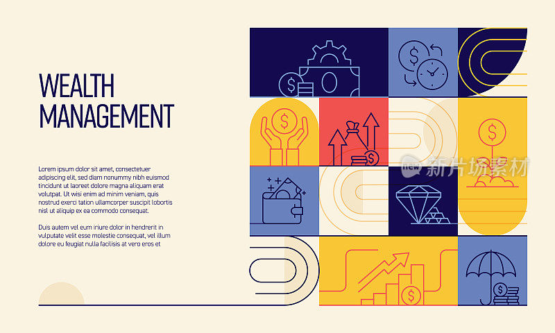 财富管理相关设计与线图标。简单轮廓符号图标。