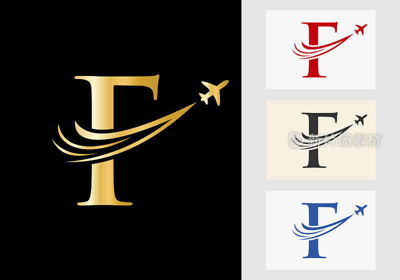 字母F旅行标志概念与飞行的飞机符号