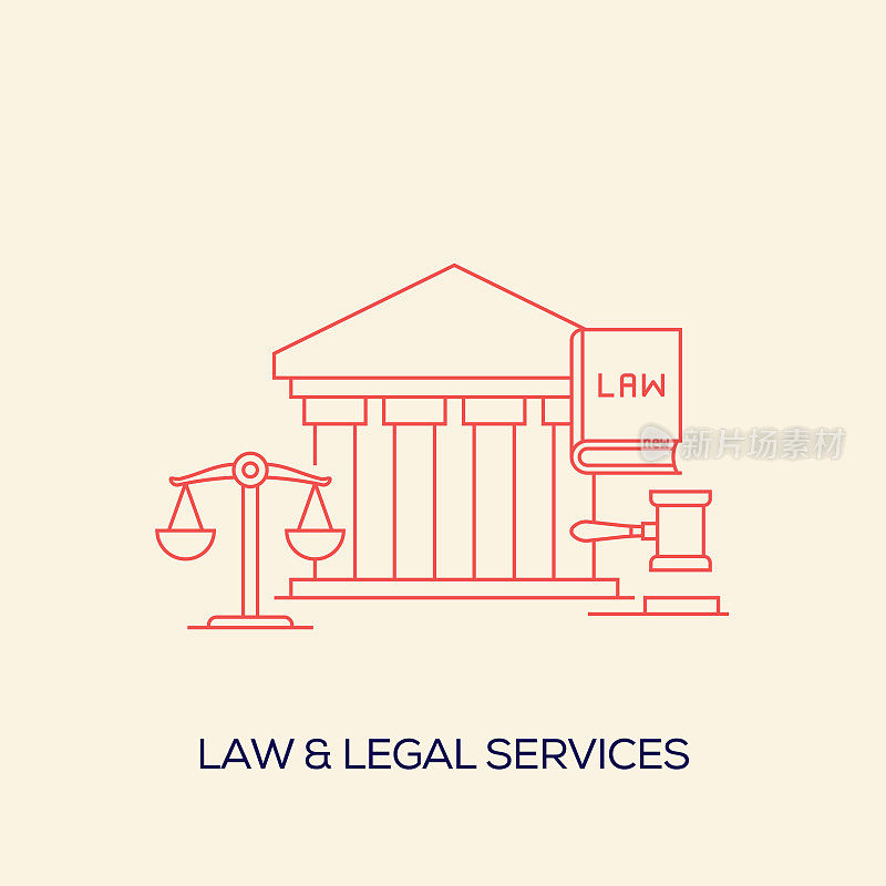 法律和法律服务相关设计与线条图标。简单的轮廓符号图标。