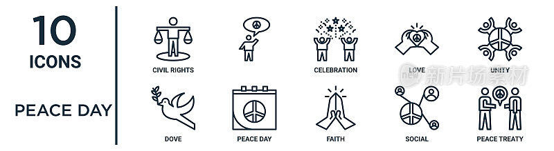 和平日大纲图标集包括细线民权，庆祝，团结，和平日，社会，和平条约，鸽子图标报告，演示，图表，网页设计