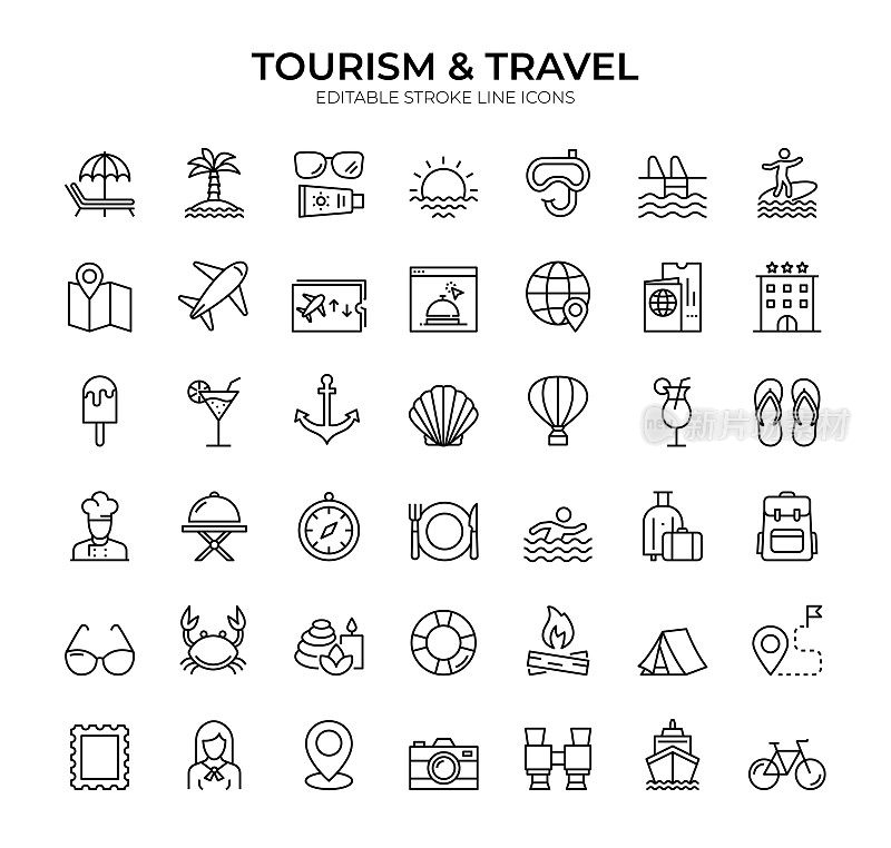 旅游和旅游图标:42个可编辑的笔画矢量线图标