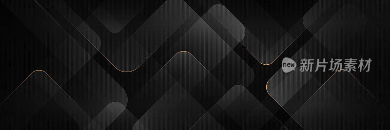 黑色抽象几何背景。优雅的黑色和灰色梯度几何方形叠加层与金色线条。现代透明方形图案。奢华的风格。矢量图