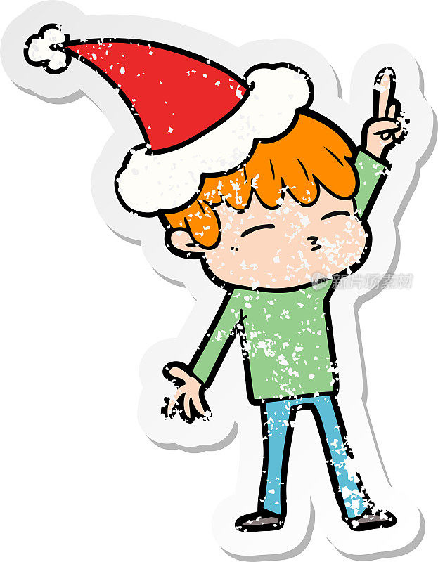 手绘苦恼贴纸卡通一个好奇的男孩戴着圣诞老人的帽子