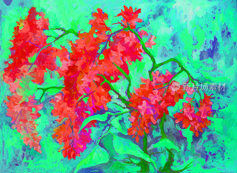 插图油画横向风景的紫丁香花丛
