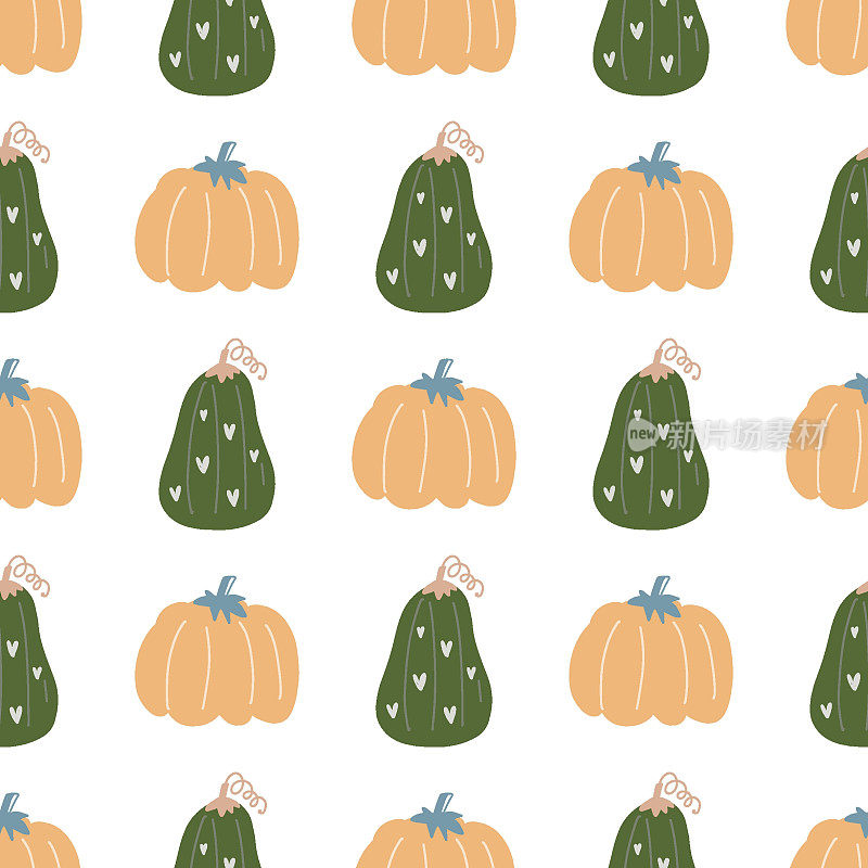 南瓜矢量图案。秋日农家乐天衣无缝的背景。感恩节绿黄相间的南瓜