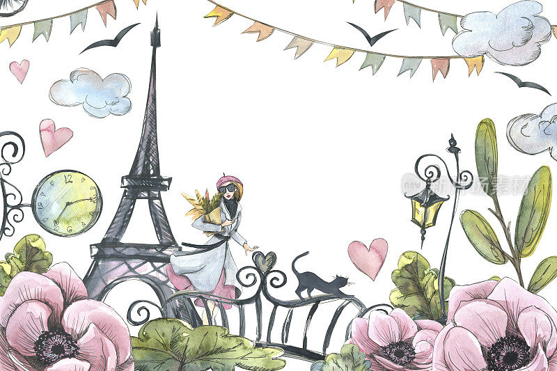 埃菲尔铁塔上有女孩、灯笼、桥和花。水彩插图素描风格与图形元素。来自PARIS集合的模板。用于明信片的登记和设计。