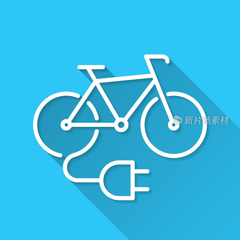 带插头的电动自行车。图标在蓝色背景-平面设计与长阴影