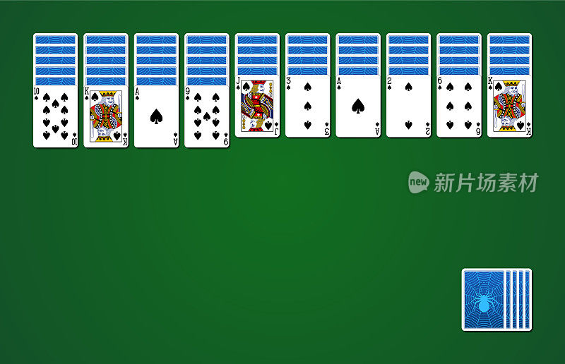蜘蛛纸牌游戏的绿色背景与标准的扑克牌
