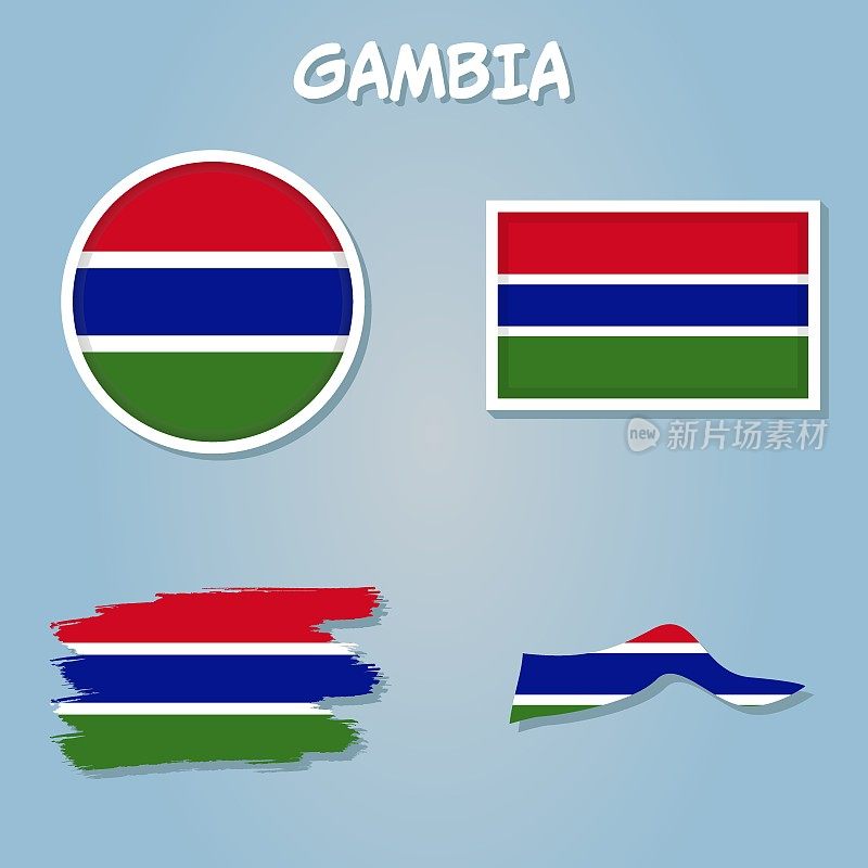 非洲与选定的冈比亚地图和冈比亚旗帜图标，矢量地图和旗帜。