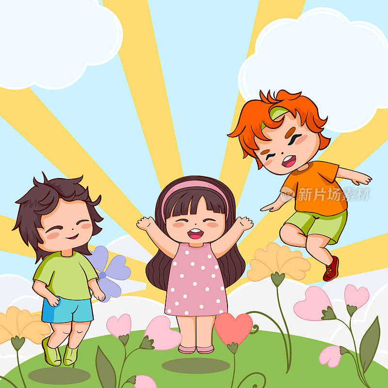 在阳光和天空的背景下，在一片开满鲜花的草地上，可爱的孩子们以卡通风格玩耍跳跃