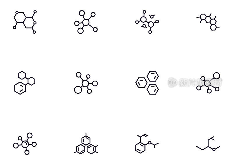 现代分子轮廓图标的集合。一套现代插图的移动应用程序，网站，传单，横幅等孤立的白色背景。优质标牌。