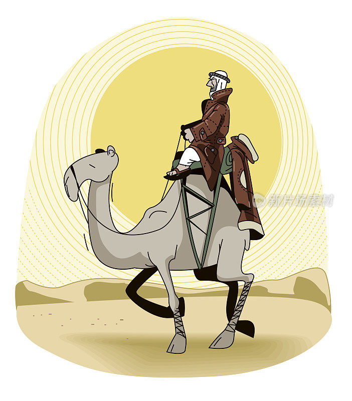 沙漠中穿着大衣骑着骆驼的阿拉伯人