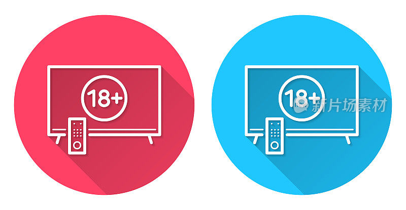电视上有18个加号(18+)。圆形图标与长阴影在红色或蓝色的背景