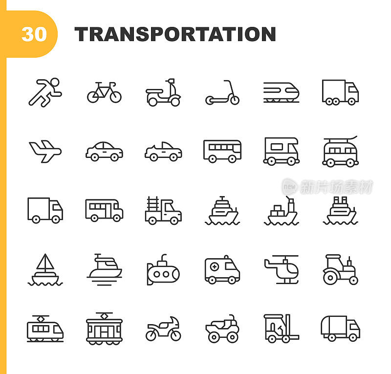 交通线路图标。可编辑的中风。像素完美。移动和Web。包含这样的图标，飞机，汽车，自行车，船，公共汽车，汽车，邮轮，货运，物流，赛车，火箭，船，出租车，拖拉机，火车，运输，旅行，卡车，面包车，车辆。