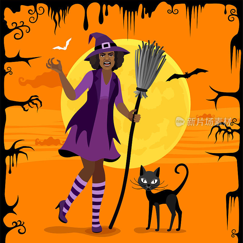万圣节愤怒的女巫与黑猫和满月。